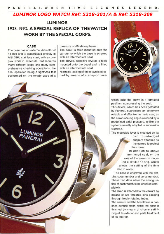 Panerai Original brochure of the Luminor Logo Watch 5218 201 A